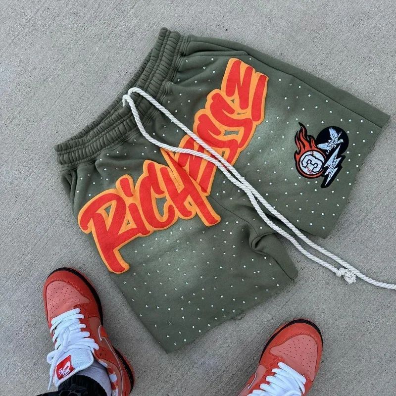 Y2k Harajuku Hip Hop European American Fashion Casual Shorts Retro Rhinestone Men Gym Short Basketball Shorts Jogger Sweatpants
