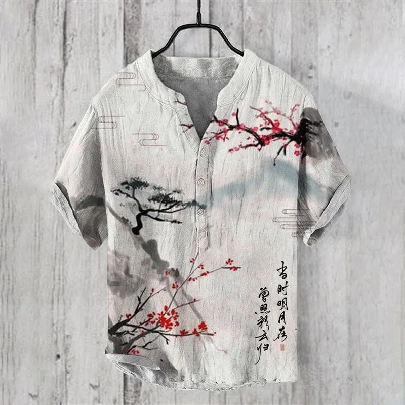 Henry men's casual fashion outdoor seaside men's tops shirt V-neck linen shirt 2024 new plus size