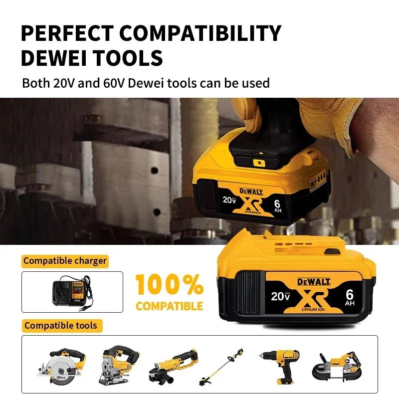 Bateria 100% Genuína Dewalt 20V, Bateria de Íon de Lítio Recarregável 2AH 5AH 6AH, Bateria de Substituição para Ferramenta Elétrica Dewalt DCB200