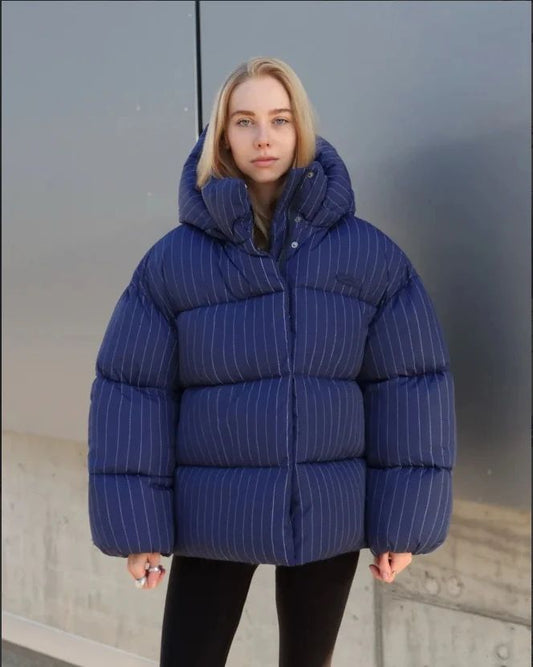 Women's Pinstripe Oversized Puffer Jacket Full Sleeve Detachable Hood Zipper Warm Coat 2025 Autumn Winter Female Casual Wear