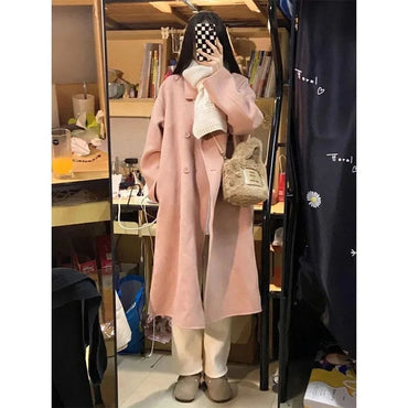 Winter Long Pink Woolen Coat French Hepburn Style Loose Casual Slimming Knee-Length Tweed Outerwear Women's Fashion