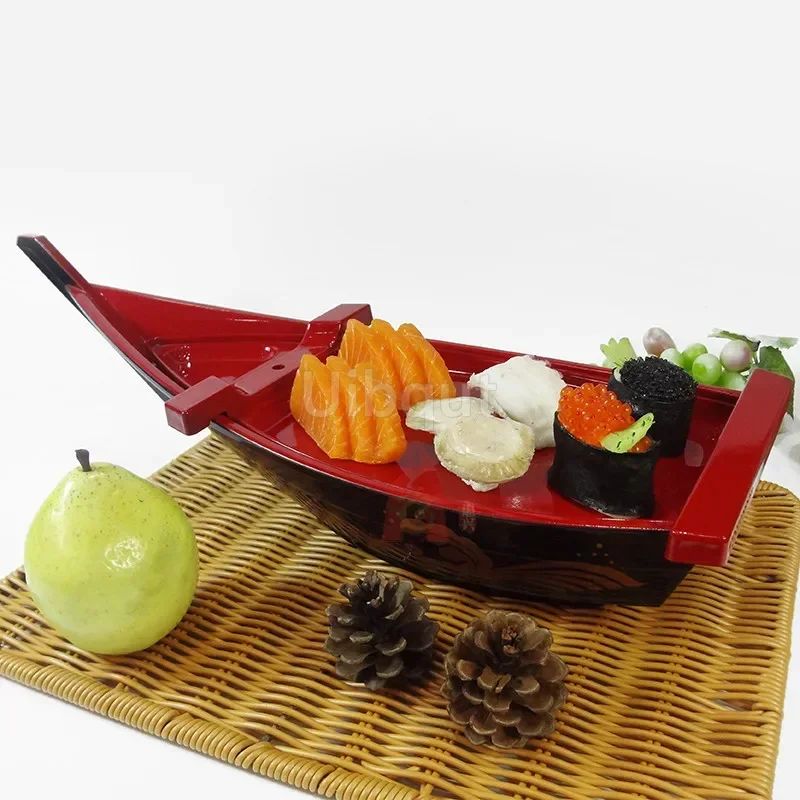 Black red sushi sashimi boat ice food seafood plate salmon sashimi tray Creative Japanese food container sushi barrel decor boat
