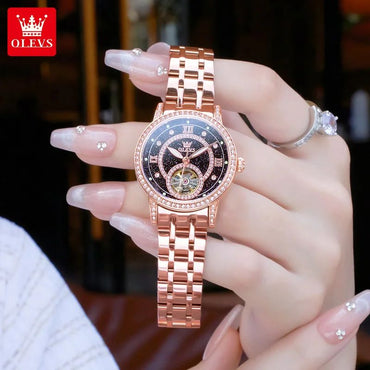 OLEVS Hollow Women's Watch Fully Automatic Mechanical Watch Luxury Diamond Inlaid Starry Sky Elegant Women's Brand Watch 7036