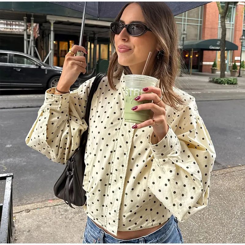 Polka Dot Stand Neck Short Jackets Women Fashion Long Sleeve Patchwork Contrast Slim Coats Casual Lady Street Commute Outerwear