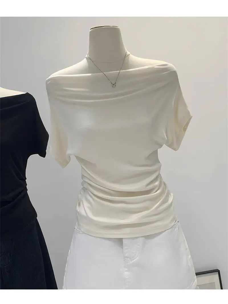 Ultra-Hand Feel Modal Cotton Short Sleeve T-Shirt Women Summer Design Slim Fit Shoulder Baring Fashionable Top