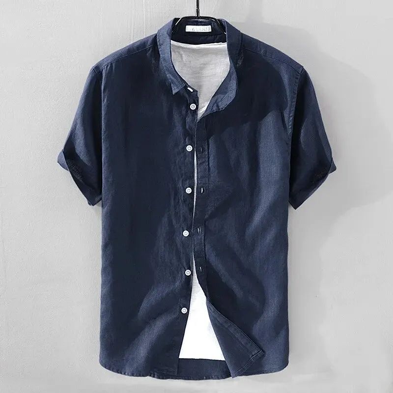 Short Sleeve Linen Shirt Men Simple Casual Retro Loose Style Youth Thin Basic Half Sleeve Cotton Linen Clothing