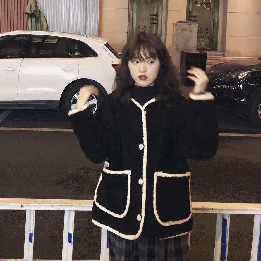 New Winter Loose Short Thickened Lamb Fur Jacket Simple Style Small Size Elegant Top Polyester Fiber Full Sleeve Coat