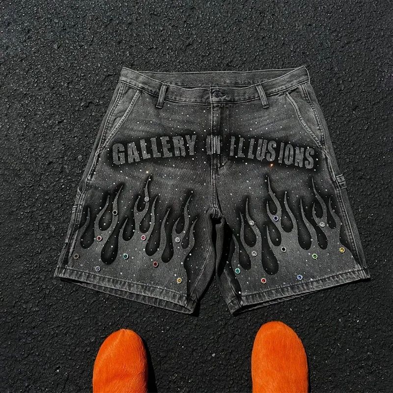 Goth Print Silk Jeans Men Shorts Street Harajuku Hiphop Vintage High Waited Denim Shorts of Men Clothing Casual Loose Pants Mens