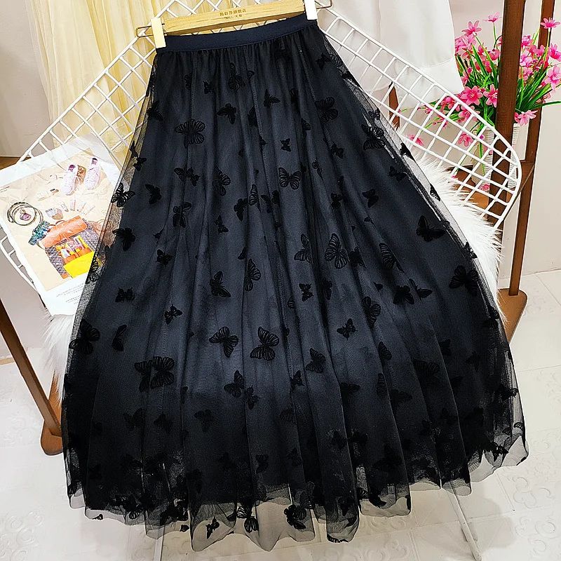 Butterfly Flocking Tulle Long Skirt Women Aesthetic Casual A Line Elastic High Waist Midi Mesh Skirt Female Black