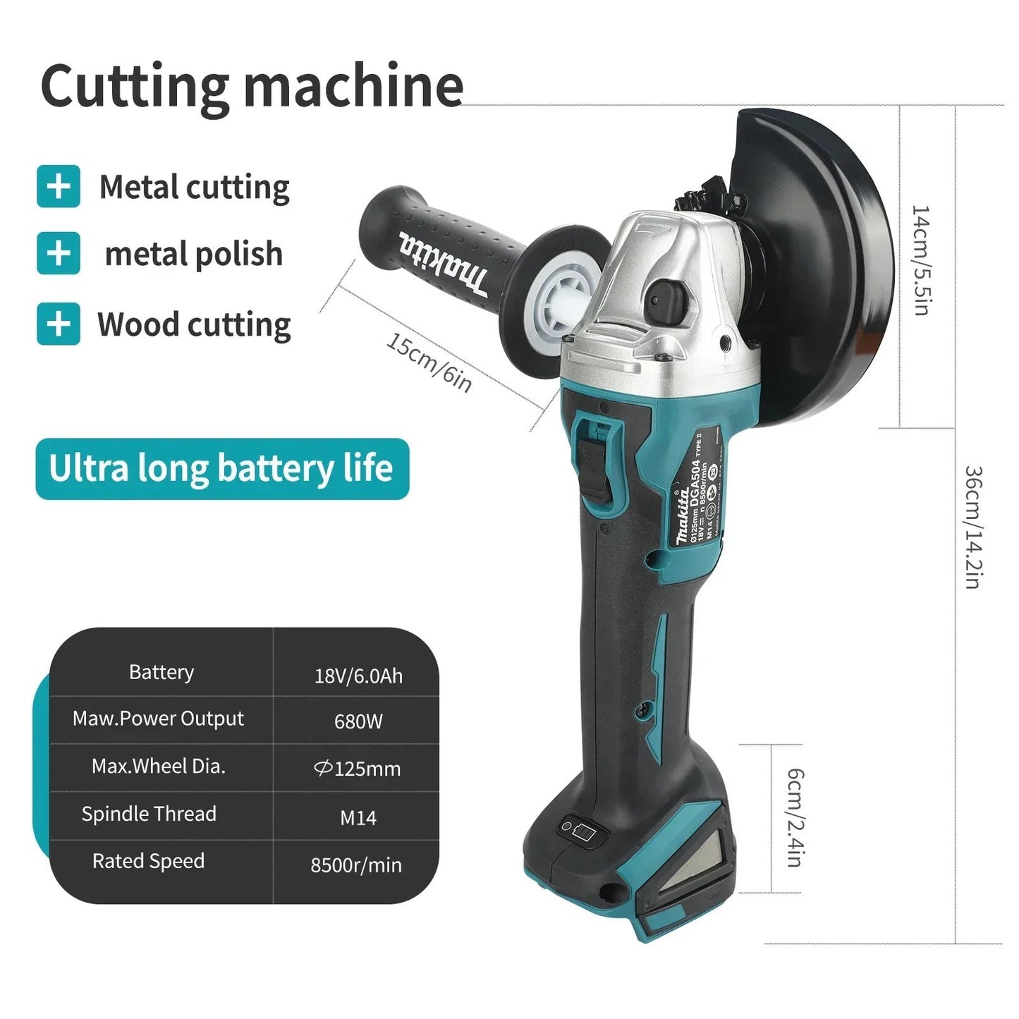 Esmerilhadeira angular multiuso Makita DGA504 18V 6.0Ah 125mm a bateria de lítio brushless (ferramenta avulsa)