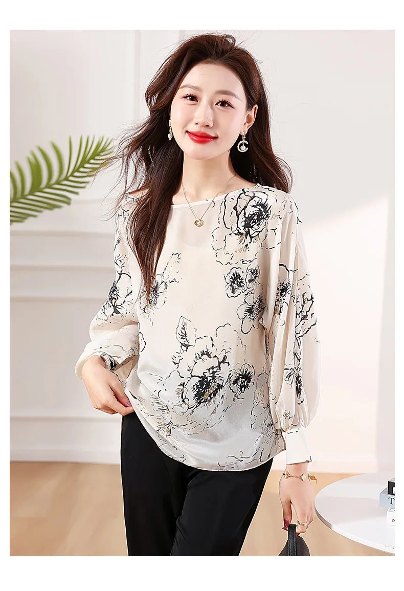Tcyeek, 100%Real Silk Elegant Shirt, Women Long Sleeve ONeck Printed, Loose Fashion OL Blouses, 2024 Summer Autumn T47116QM