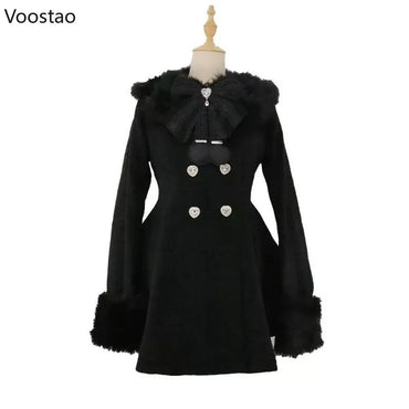 Autumn Winter Japanese Kawaii Lolita Woolen Coat Women Sweet Bow Plush Slim Jacket Female Korean Style Warm Dress Cute Overcoat
