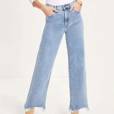 Women Denim Tassel Wide Leg Pants Jeans Washing Loose Fit Mid Waist Pockets Zipper Fly Solid Color Ankle Length Pants Basics