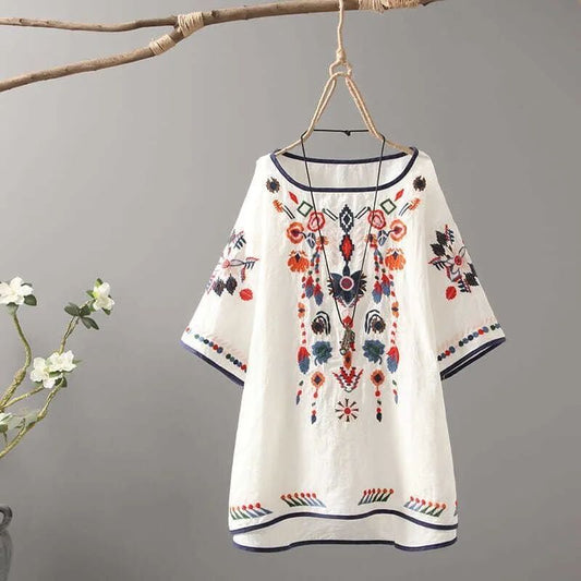 Luxury Embroidery Floral Tees Women Chinese Style Classic Loose Shirts Casual Vintage O Neck Short Sleeve Summer Blouse Tops