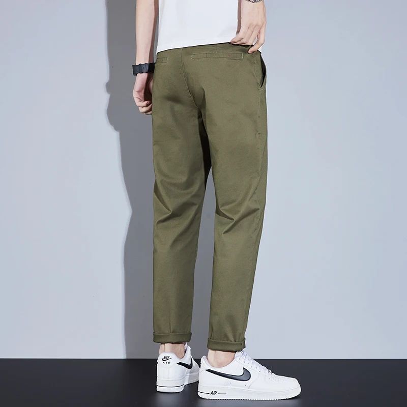 Casual Men Orange Loose Straight Business Pants Green Khaki Elastic Waist Trousers Soft Cotton Lyocell Fabric Korean Cargo Pants