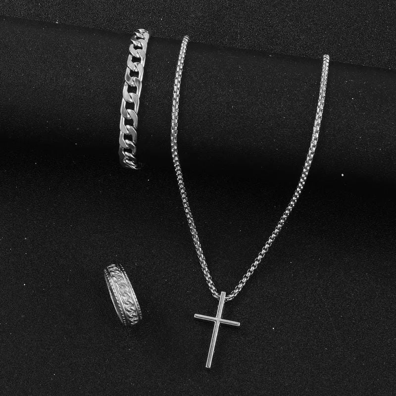 Conjunto 3 Peças Masculino de Aço Inoxidável Colar com Pingente de Cruz, Pulseira e Anel Joias Masculinas Acessórios Hip Hop para Uso Diário