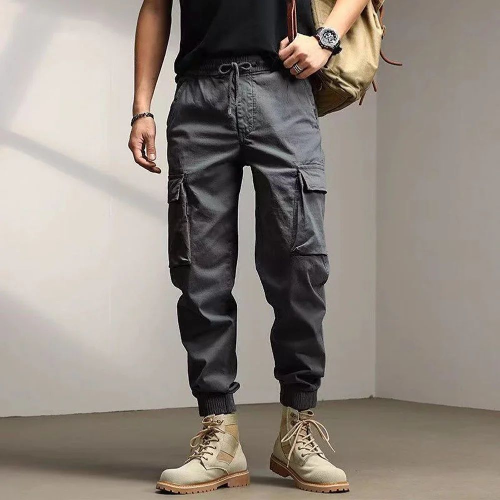 Solid Cargo Pants for Men Casual Loose Fit Ankle Banded Trousers Suitable for Spring and Autumn Grey Black Green