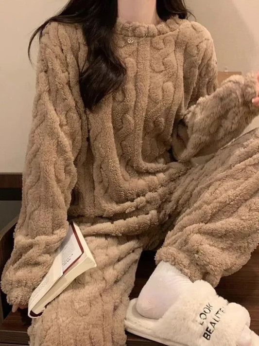 2024 Solid Color Coral Fleece O-neck Women Pajama Sets Long Sleeve Plush 2 Piece Sets Fashion Comfortable Ribbed Cozy Sleepwear