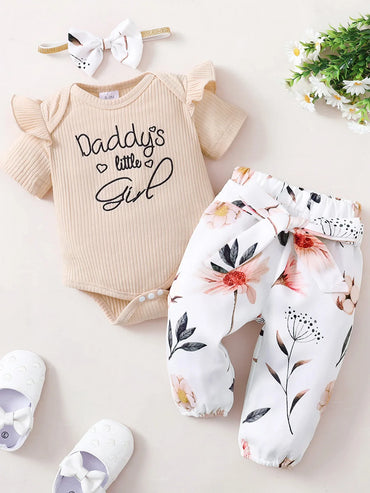 3PCS Infants Baby Girl Fashion Clothes 0-18M Toddler Girl Floral Clothing Short Sleeve Romper+Pants+Headband