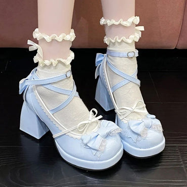 Spring/Autumn New Style Round Toe Square Heel Increased Fashion Elegant High Heel Women's Shoes Bow Decorated Mary Jane Shoes