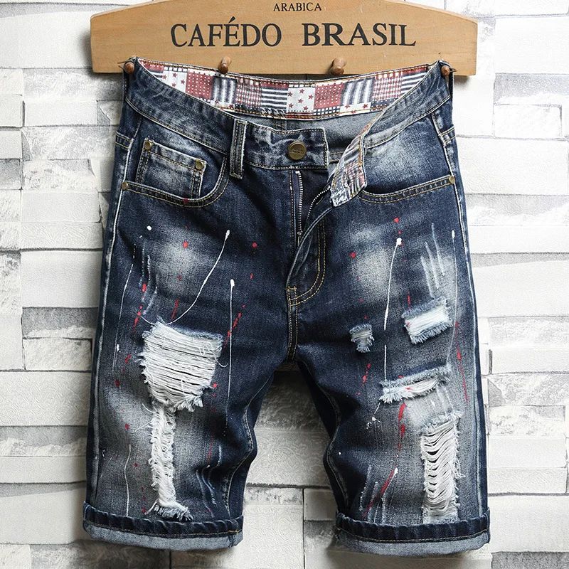 High Quality Men's Summer Holes Denim Shorts Jeans Men Straight Retro Shorts Jeans Men Knee Length Cowboy Jeans Shorts Size 40