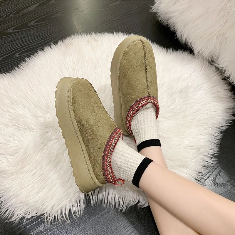 Snow Boots For Women 2024 Winter New Cashmere Warm Thick Soles Without Heel-covered Hair Half Slipper Cotton Shoes for Women