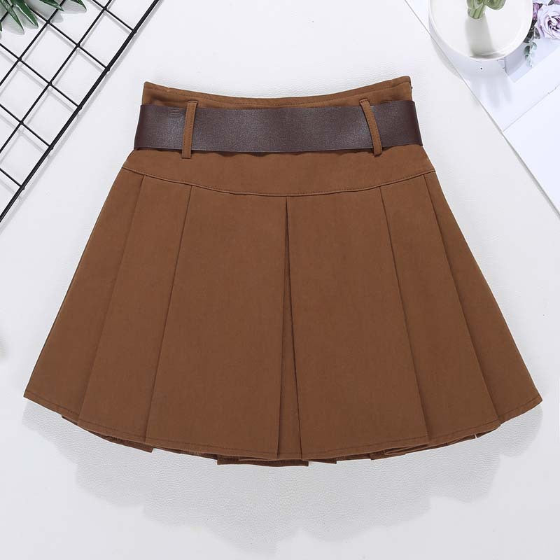 Brown Belted Mini Skirt Low Waisted Pleated Skirt with Belt Women Academia Aesthetic Vintage Outfit