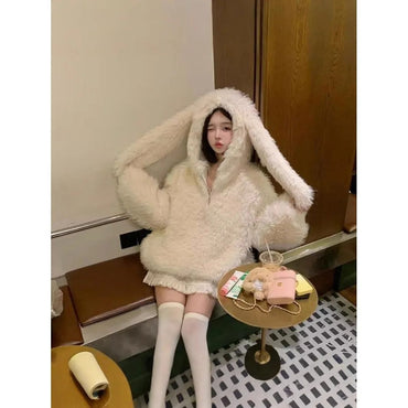 Women's Loose Thickened Lamb Fur Jacket Autumn Winter New Style Cute Rabbit Ear Design Soft Plush Coat Warm Casual Outerwear