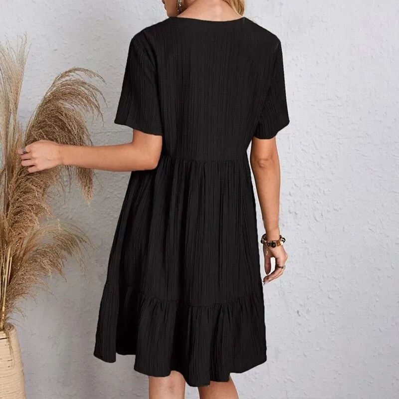 Women Summer Peplum Dresses Spring V-Neck Short Sleeve Loose Waist Ruffle Fit Fl