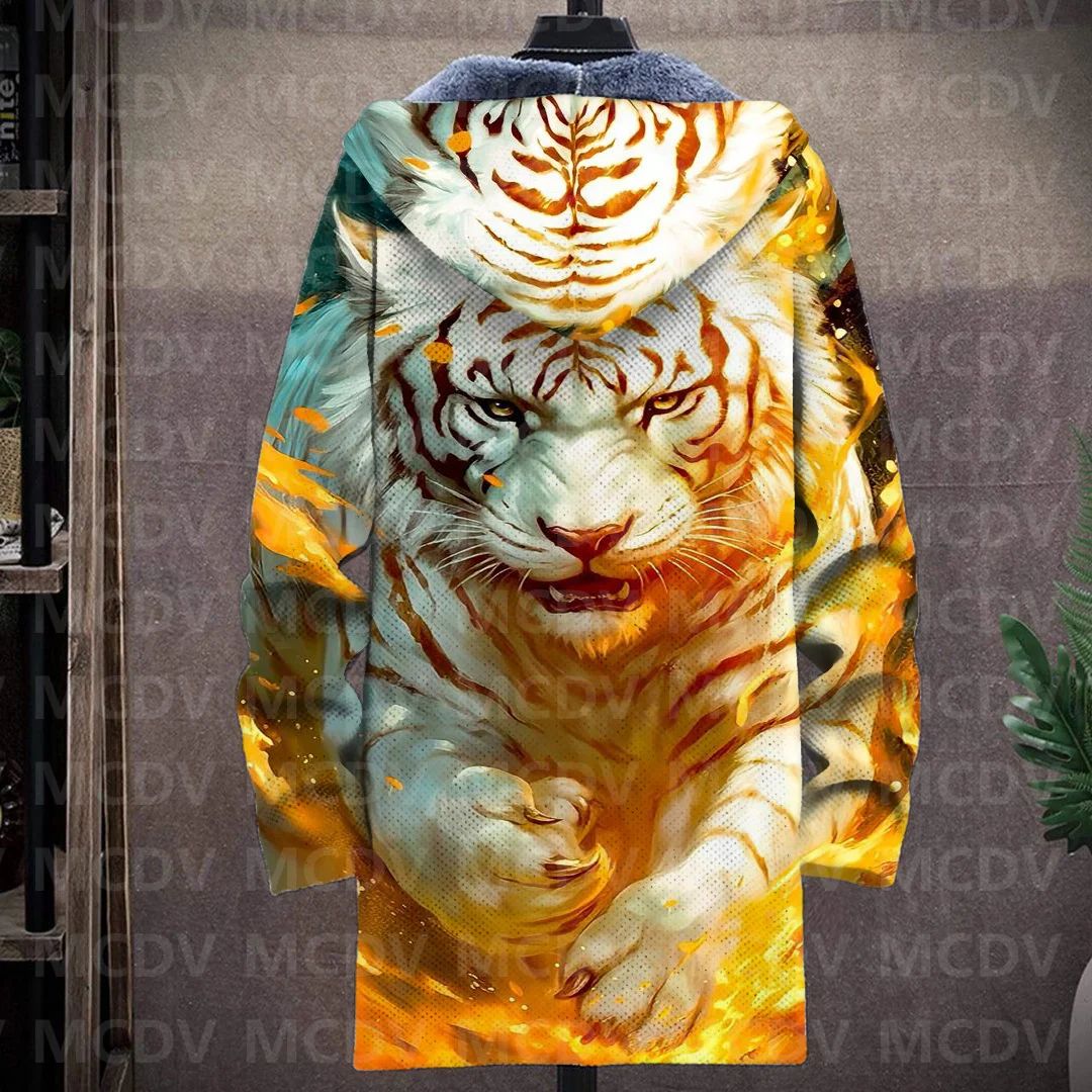 Men's Retro Print Plush Thick Long-Sleeved Coat Cardigan Tiger 3D Prined Fleece Hooded Overcoat Unisex Thick Warm Jacket