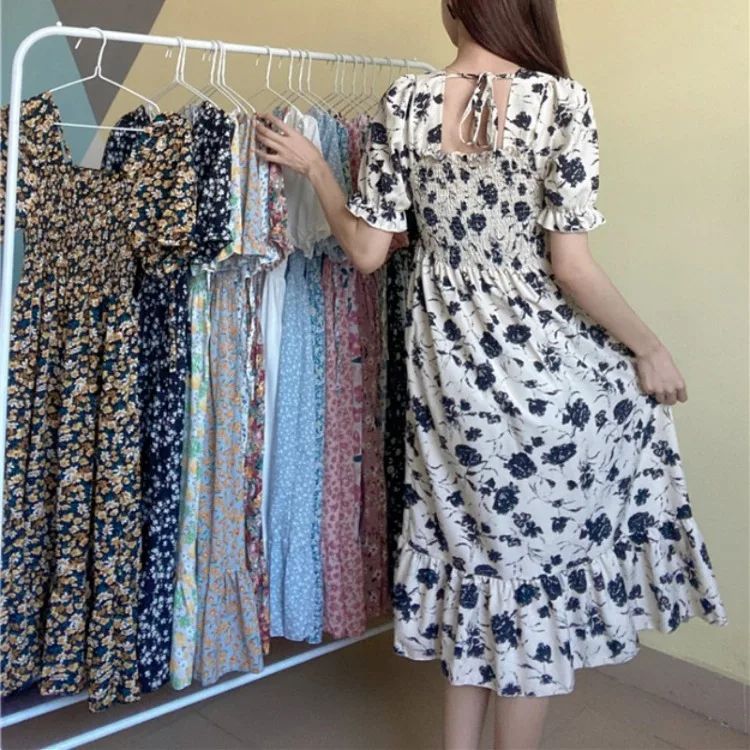 Spring Summer Elastic Waist Chiffon Dress Women Casual Dresses Fashion Female Vestidos Short Sleeve Pleated A-line Dresses