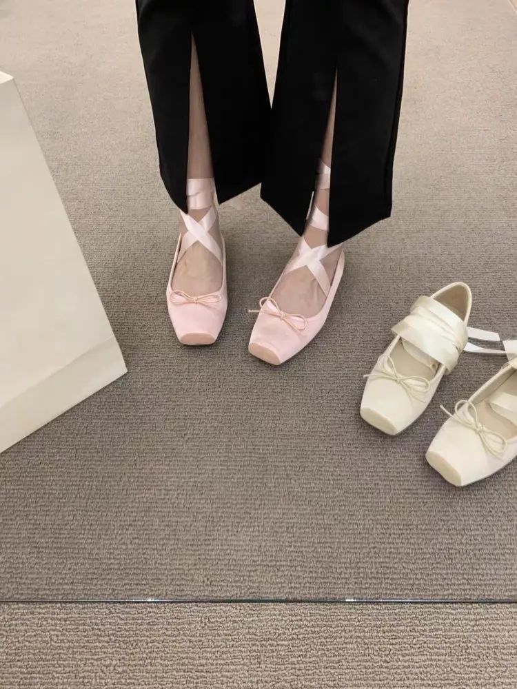 Women Flats Bow Marie Janes Shoes New Lolita Dress Square Toe Shoes Designer Walking Sandals Female Elegant Zapatos