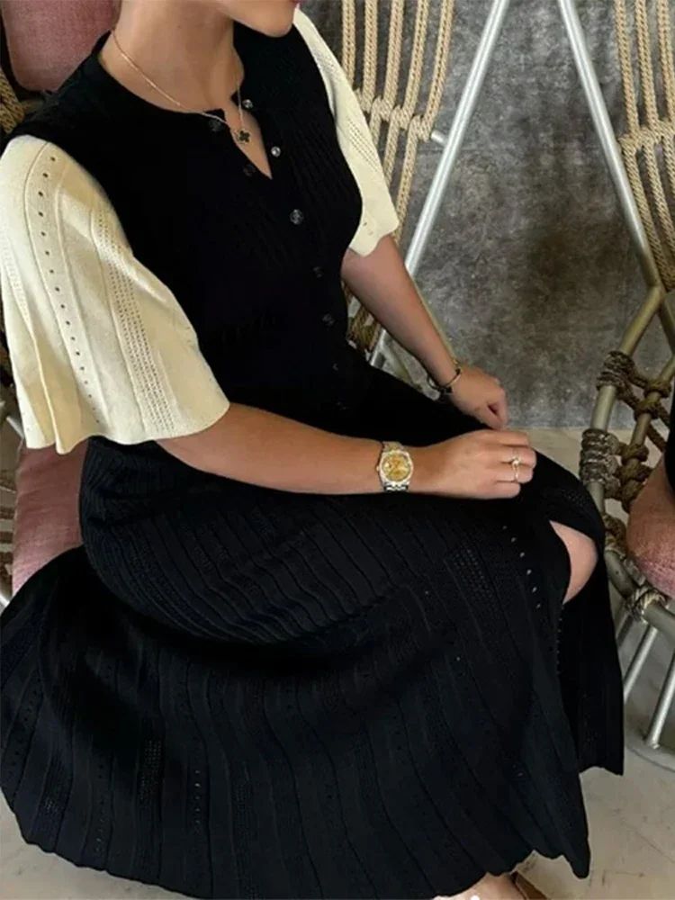 Elegant Knit Dress For Women White Slim O-neck Single Breasted Short Sleeve Long
