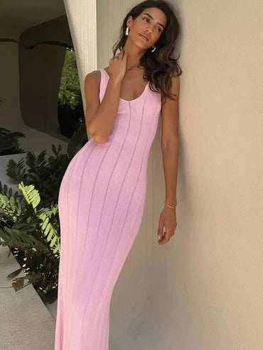 Trendix Knit Backless Dress For Women V Neck Slim Sleeveless Suspender Maxi Dres