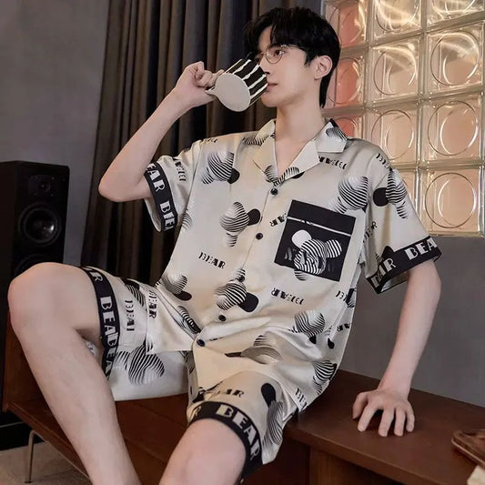 Large Size Men‘s Pajamas Set Ice Silk Cartoon Bear Short-Sleeved Student Two-Piece Button Tops and Pants Youth Student Sleepwear