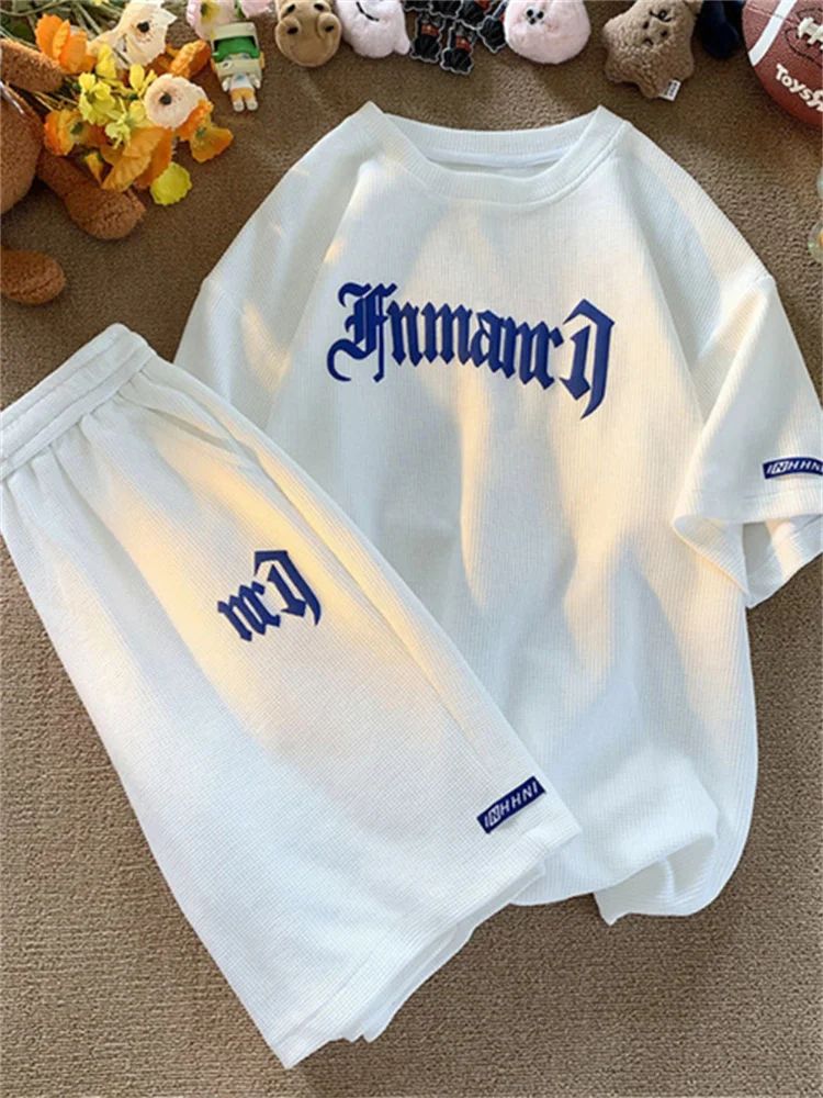 Summer Oversize Casual Fashion tracksuit Loose Jogging Waffle Suit Men Loose Short-sleeve tshirt + Sports Shorts 2pcs Set Outfit