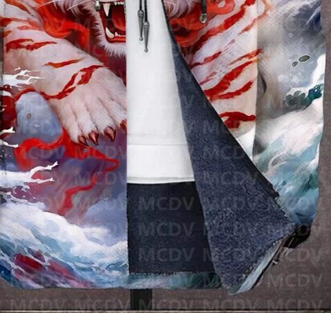 Men's Retro Print Plush Thick Long-Sleeved Coat Cardigan Tiger 3D Prined Fleece Hooded Overcoat Unisex Thick Warm Jacket