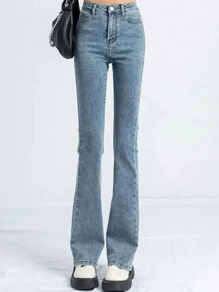 Women Korean Flare Jeans Girls High Waist Elastic Boot Cut Pants Lady Vintage Blue Black Gray Brown Denim Bell Bottom Trousers