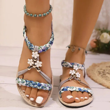 Women's Sandals 2025 Summer Plus Size Elastic Strap Woman Shoes Color Block Beaded Floral Design for Casual Beach Wear Sandals