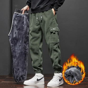 Winter New Thickened Warm Men's Corduroy Cargo Pants Fleece Loose Streetwear Joggers Harem Pants Sweatpants Male Trousers Black