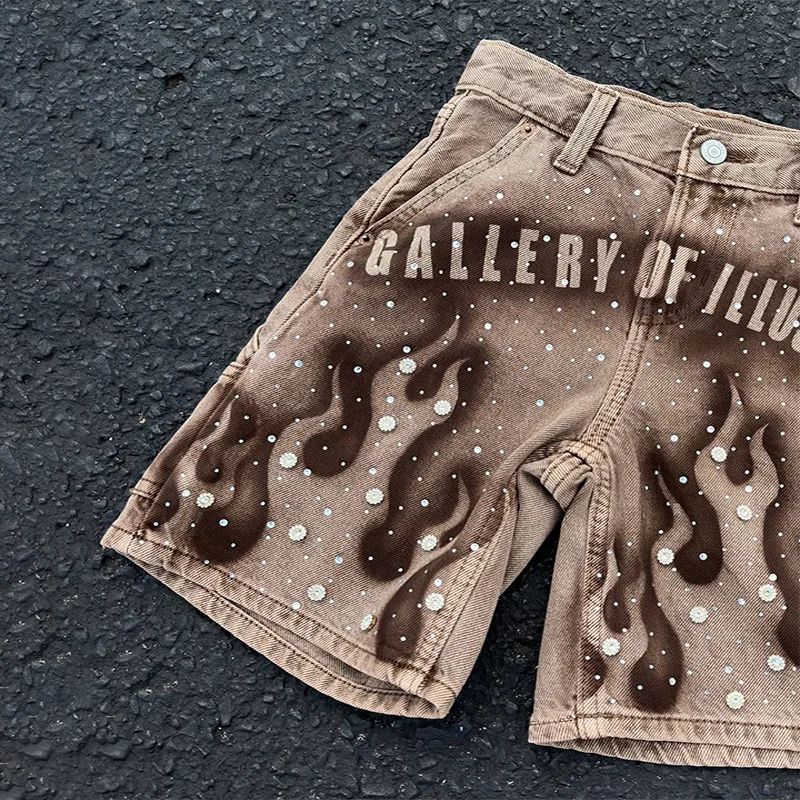 Goth Print Silk Jeans Men Shorts Street Harajuku Hiphop Vintage High Waited Denim Shorts of Men Clothing Casual Loose Pants Mens