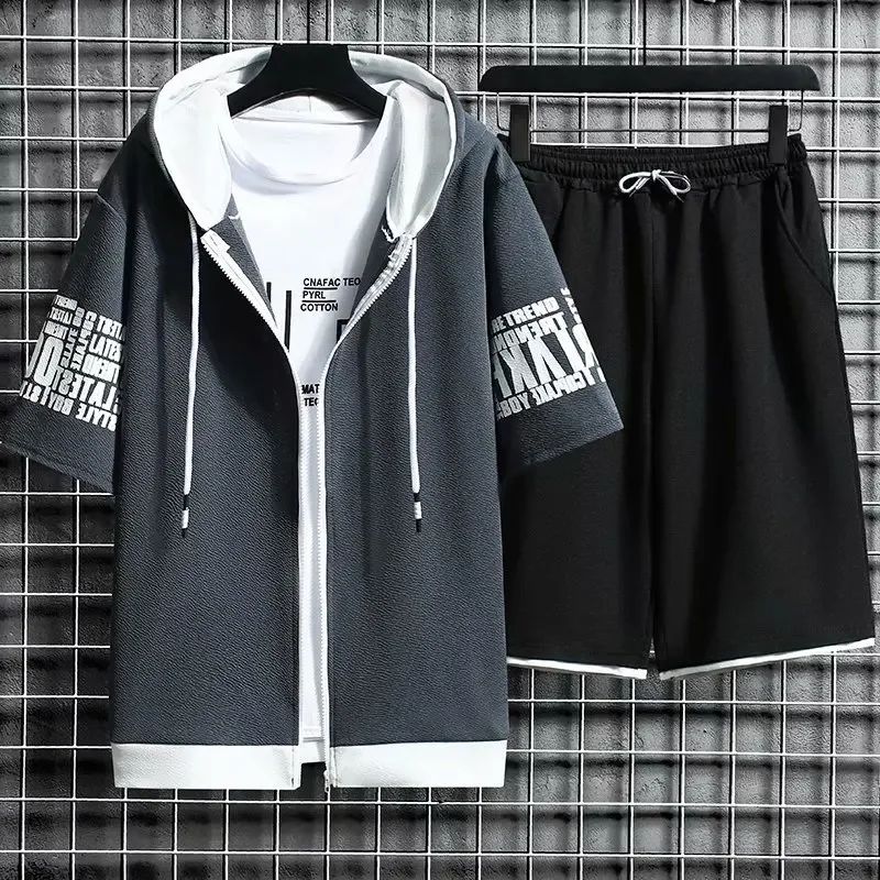 Summer Thin Men's Sports Suit 2-piece Set Casual Hooded Quick Dry Running Exercise Clothes Short Sleeve Shorts