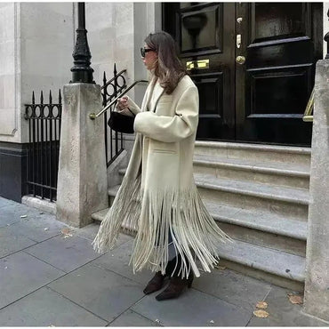 Fashion Tassel Solid Color O-neck Overcoat Woman 2024 Autumn Winter Loose Temperament Long-sleeve Pocket Coat Female Streetwear