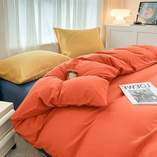 Conjunto de cama de cor sólida de quatro peças para crianças e adultos, cama de casal grande, conjunto de capa de edredom, lençol e capa de travesseiro de quatro peças