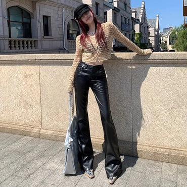 High Waist Woman Trousers Sexy Black PU Leather Flare Pants For Women Vintage Harajuku Elastic One Size Clothing Elegant Sale G