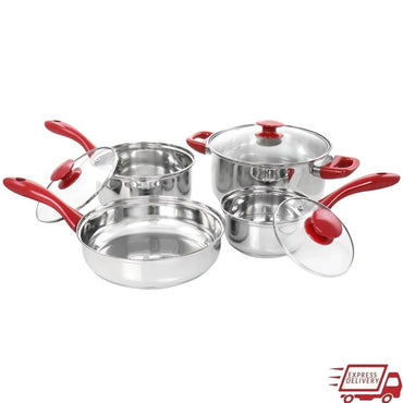 7 Piece Stainless Steel Cookware Set Durable Dishwasher Safe Kitchen Pots Pans Chrome Red Handles Essential Cookware