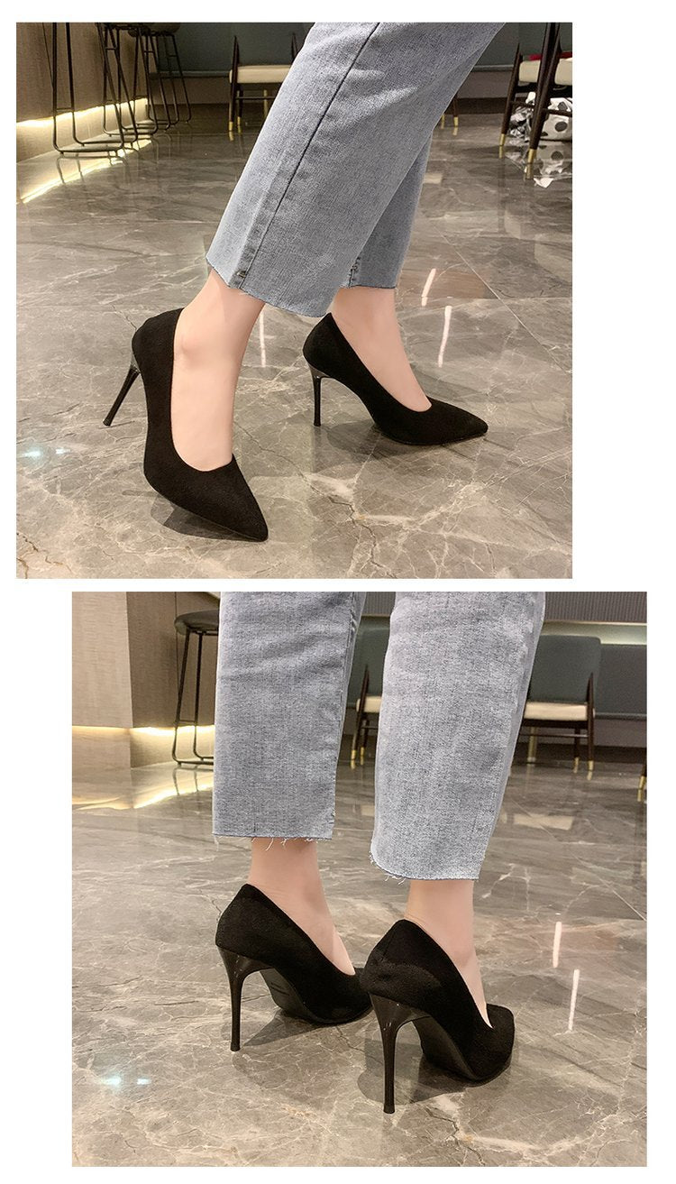 High Heels Women's New Women's Shoes Pointed Shallow Mouth Single Shoes Fine Heel Suede Black Fashion Shoes Women Large Size