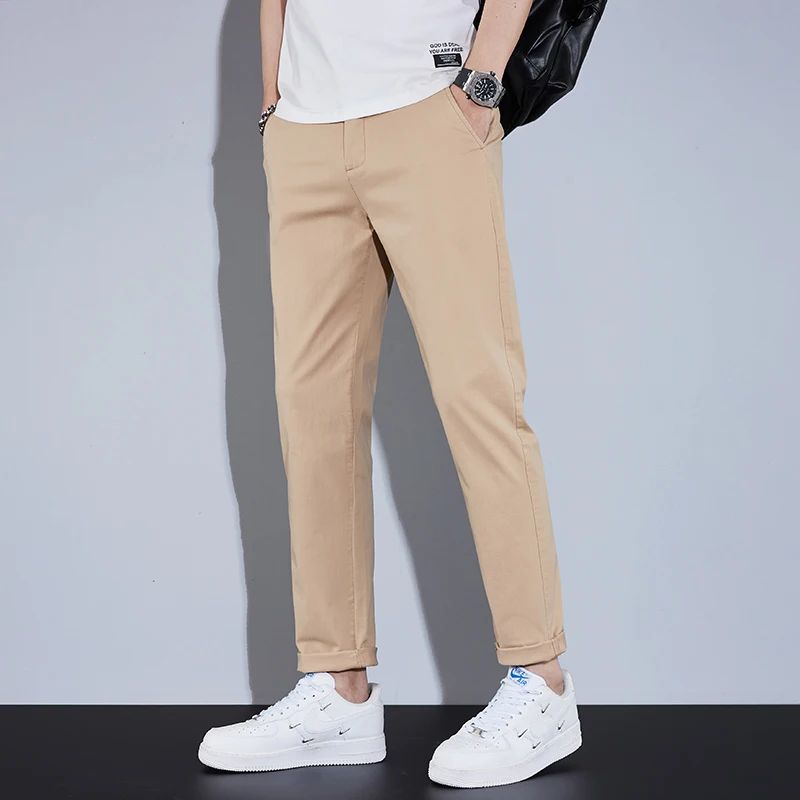 Casual Men Orange Loose Straight Business Pants Green Khaki Elastic Waist Trousers Soft Cotton Lyocell Fabric Korean Cargo Pants