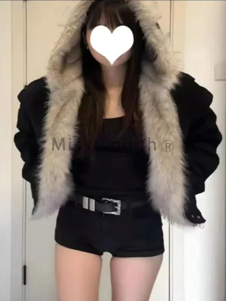 2000s Aesthetic Black Elegant Jacket Woman 2025 Winter Y2k Zip Up Hooded Design Harajuku Coat Female Loose Casual Chic Outfits