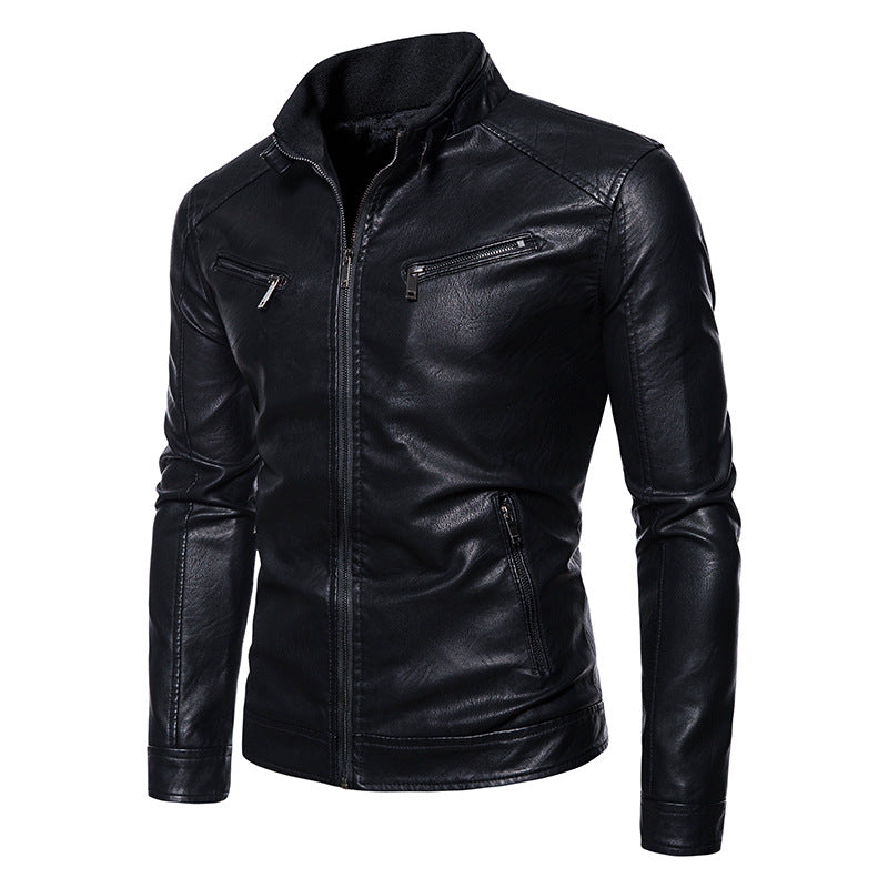Spring Autumn Men Motorcycle Jacket Retro Slim Fit Casual Coat Stand Collar Leather Jackets Zipper Outerwear Windproof PU Coat